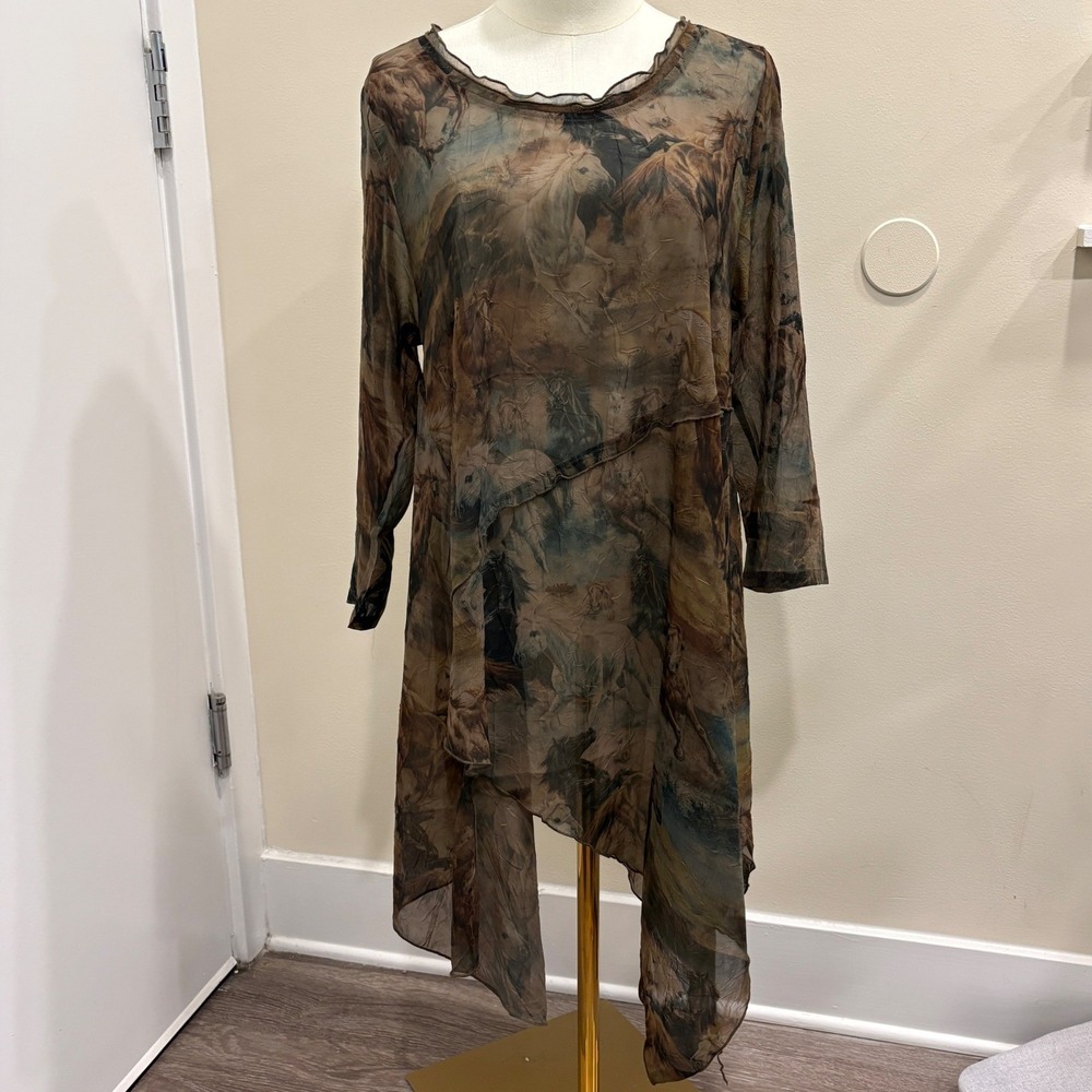 Pretty Angel Brown Green Silk Blend Horse Print Asymmetrical Sheer Tunic Dress S